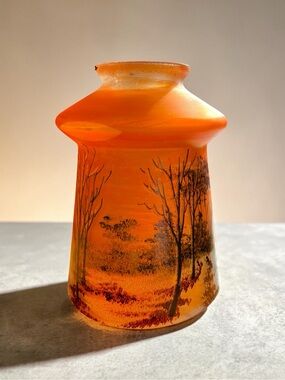 Carnival glass lamp shade from the early 1900’s, depicts a winter scene